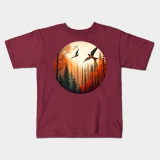 Low Poly Autumn Forest Treetops with Birds Kids T-Shirt